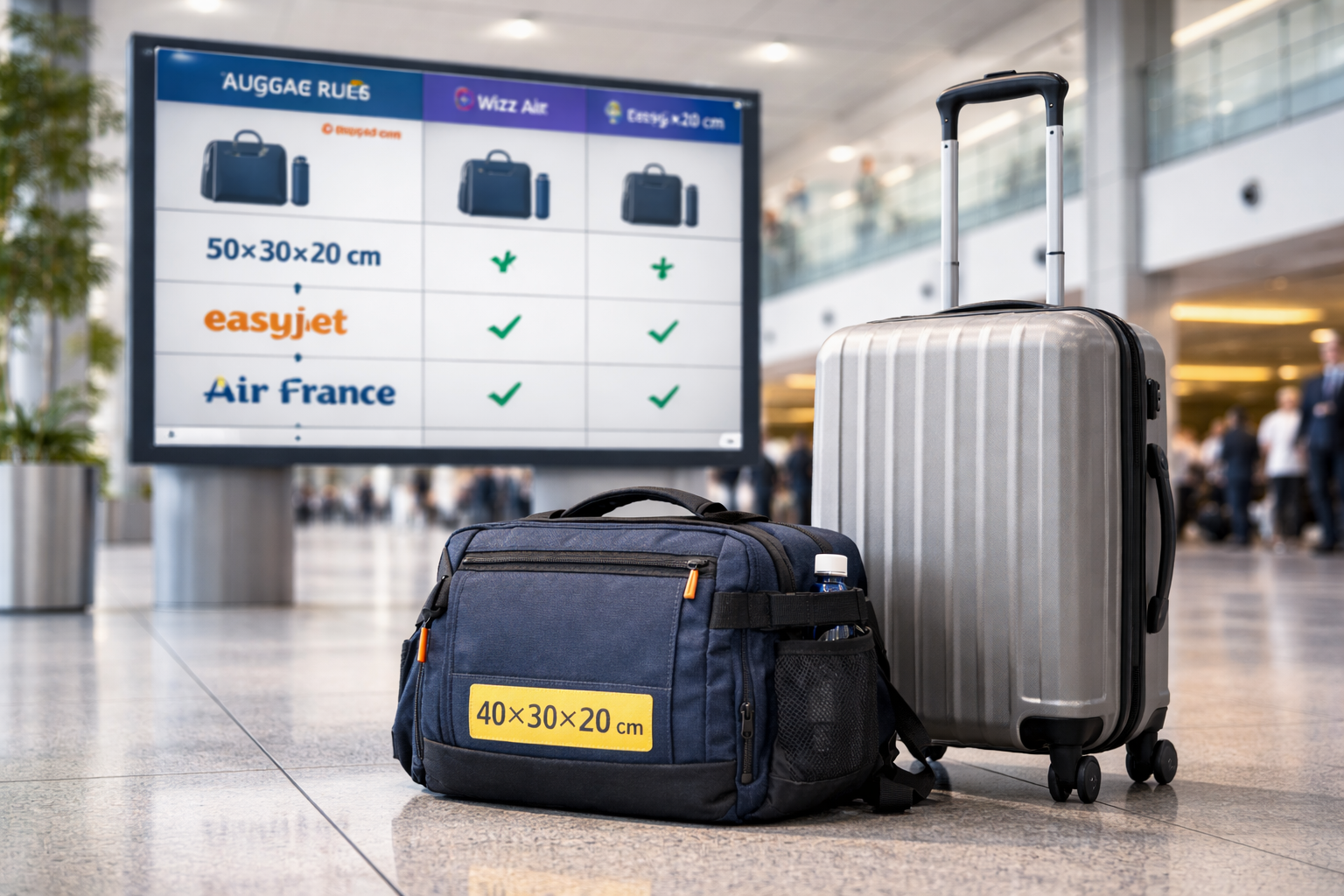 Comparatif bagages avion 2026 avec bagage personnel et valise cabine dans un terminal moderne