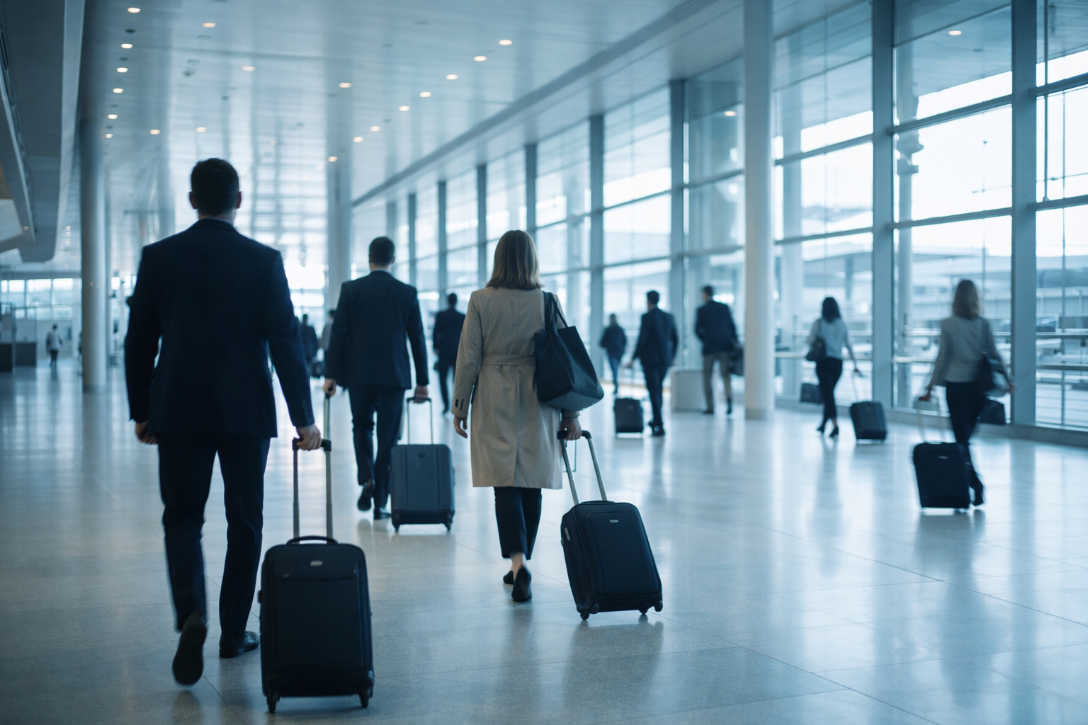 Voyageurs marchant dans un terminal d’aéroport moderne avec bagages cabine