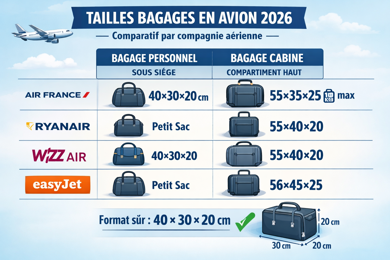 schema dimensions bagage cabine avion