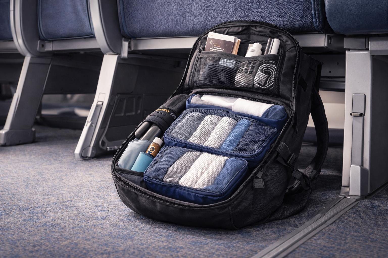 organisation sac cabine sous siège avion packing cubes