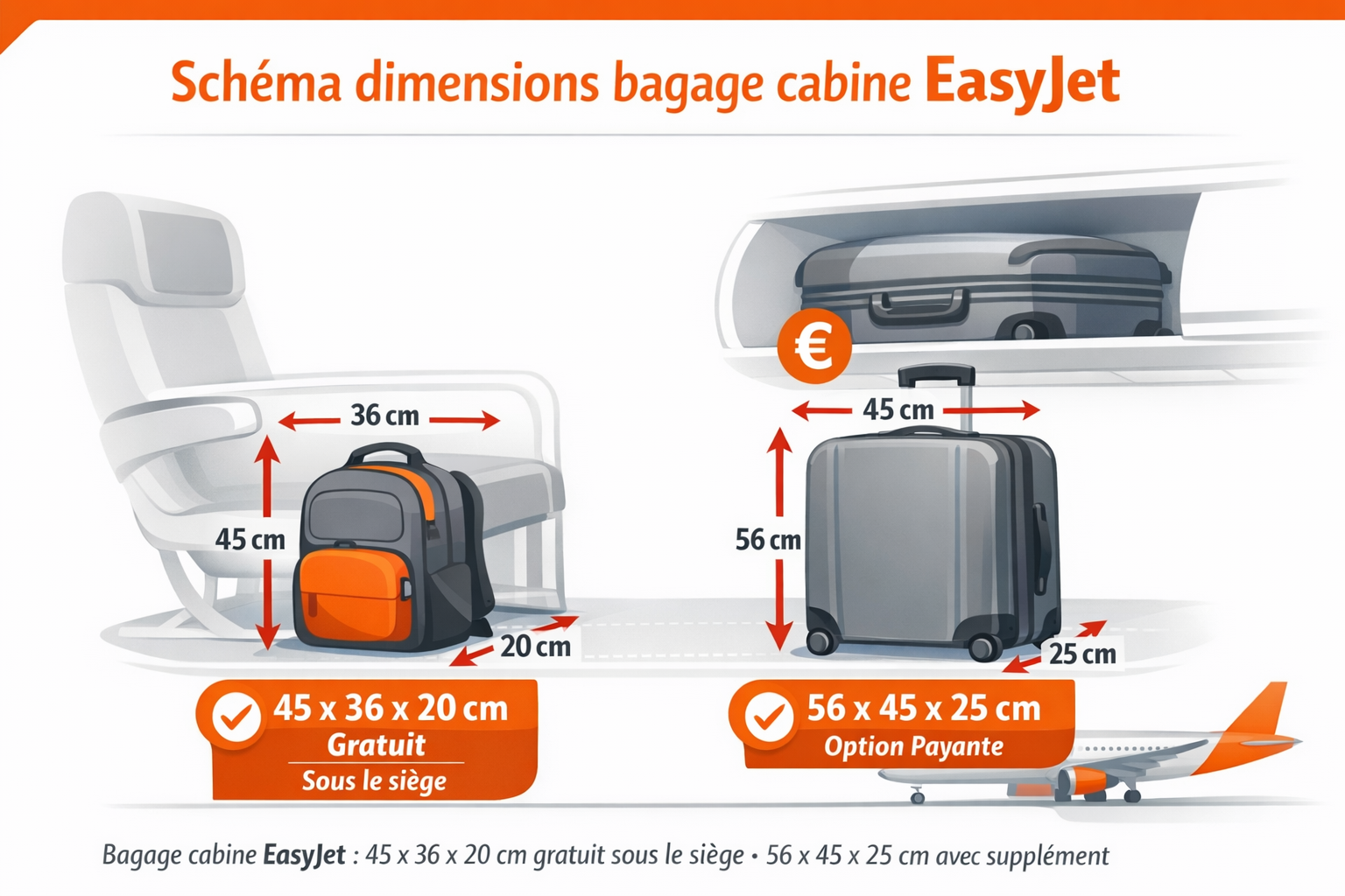 Schéma bagage cabine EasyJet 45x36x20 cm gratuit sous siège avion