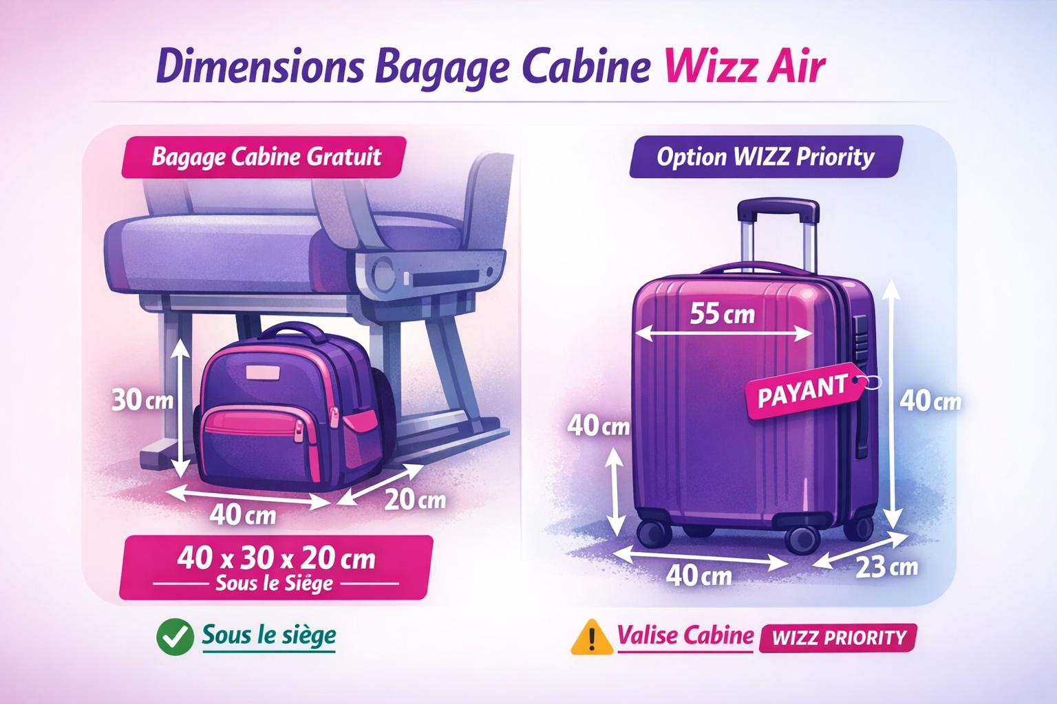 Schéma bagage cabine Wizz Air 40x30x20 cm gratuit sous siège avion