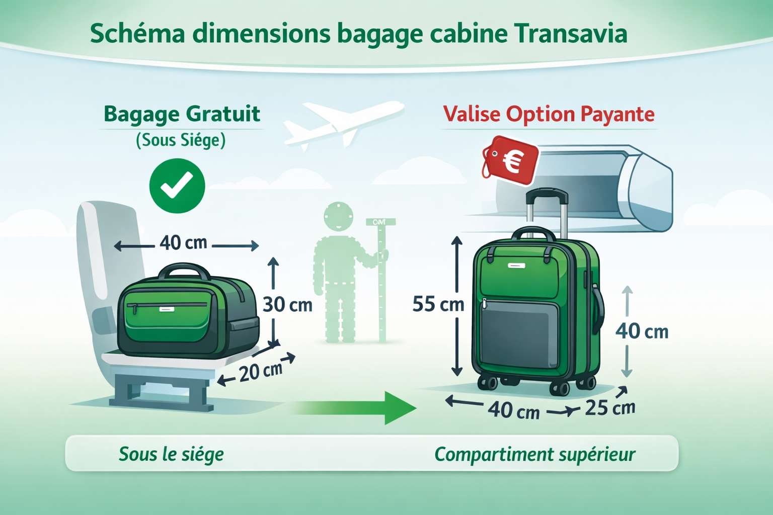 Schéma bagage cabine Transavia 40x30x20 cm gratuit sous siège avion