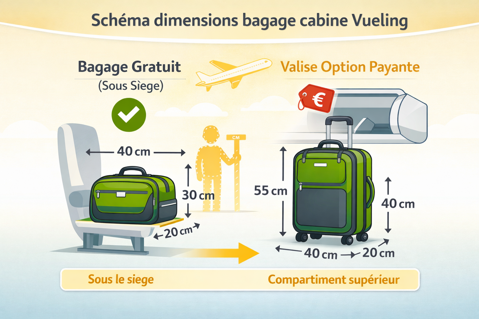 Schéma bagage cabine Vueling 40x30x20 cm gratuit sous siège avion