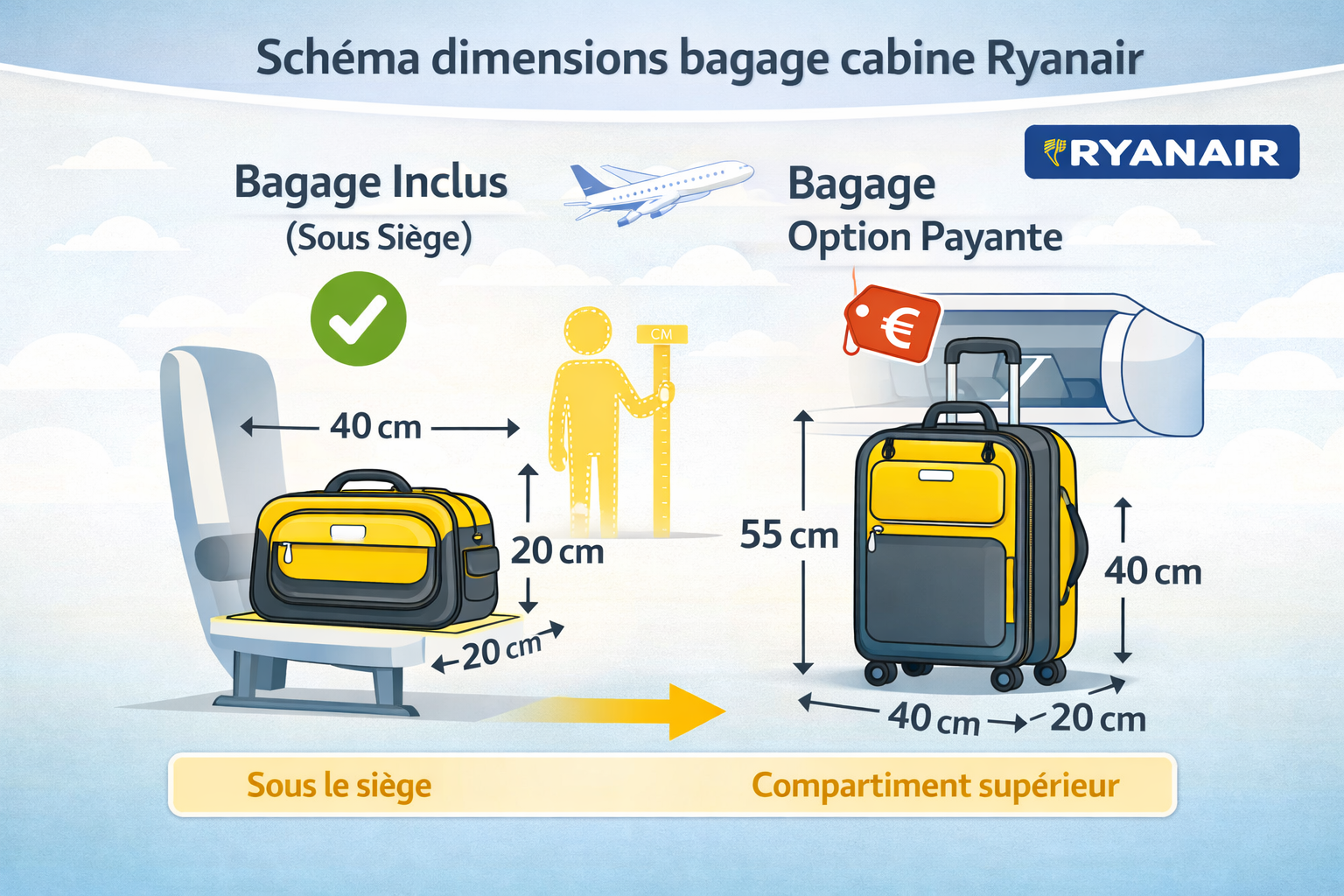 Schéma bagage cabine Ryanair 40x20x25 et 55x40x20