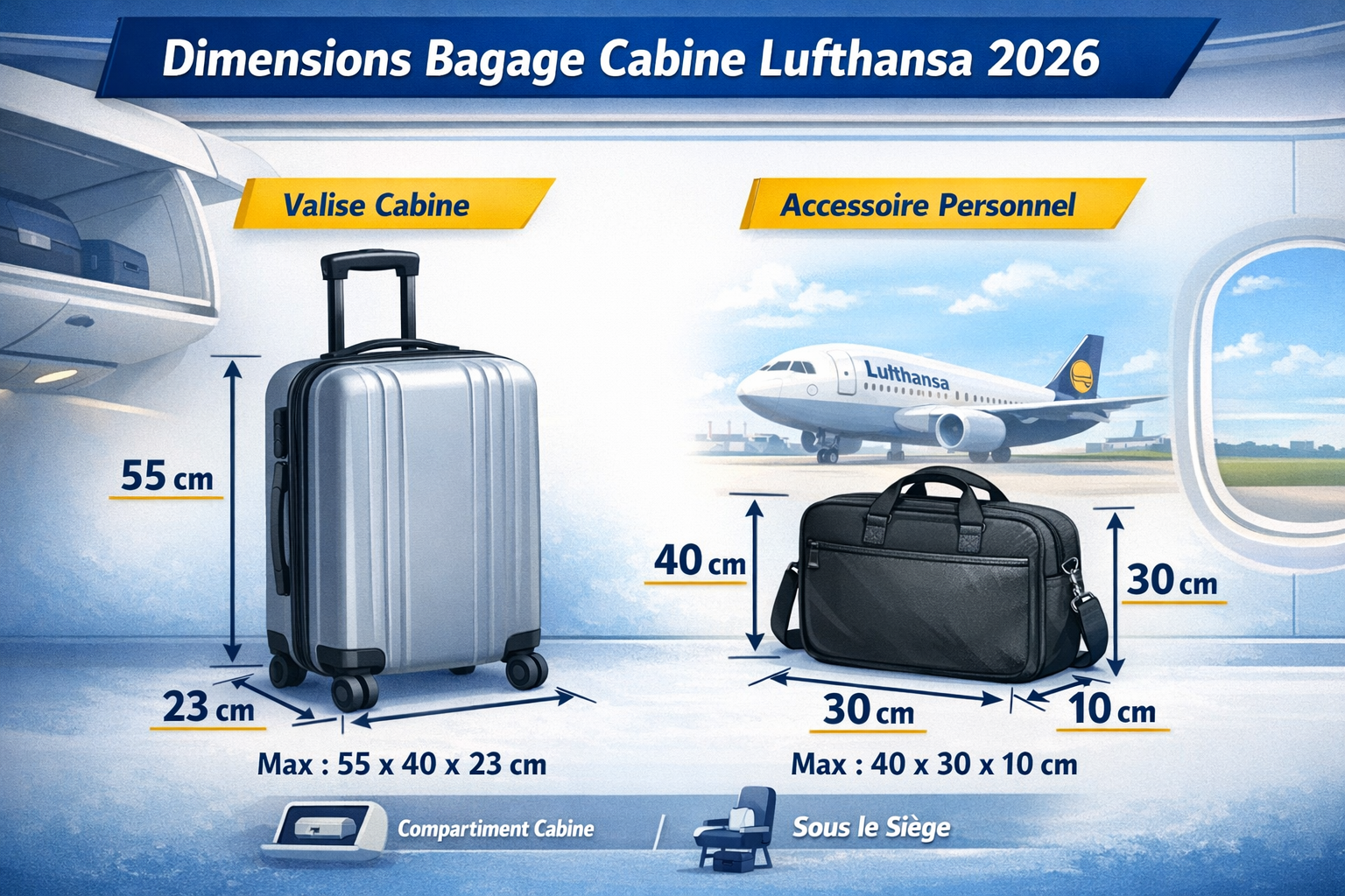Schéma dimensions bagage cabine Lufthansa 55x40x23 cm avion