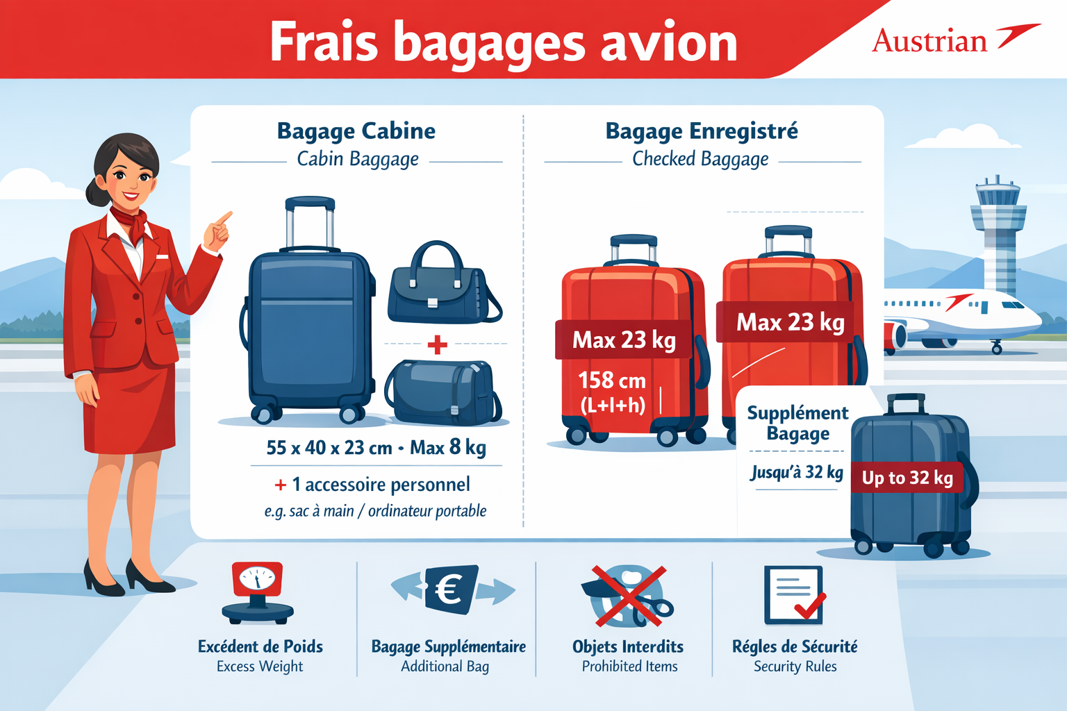Schéma bagage cabine Austrian Airlines 55x40x23 cm accessoire