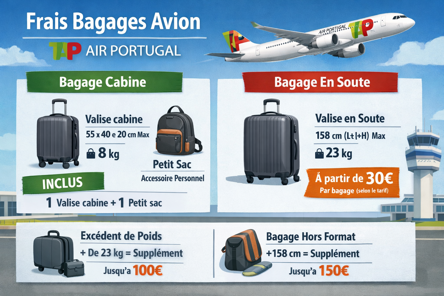 Schéma bagage cabine TAP Air Portugal 55x40x20 cm accessoire