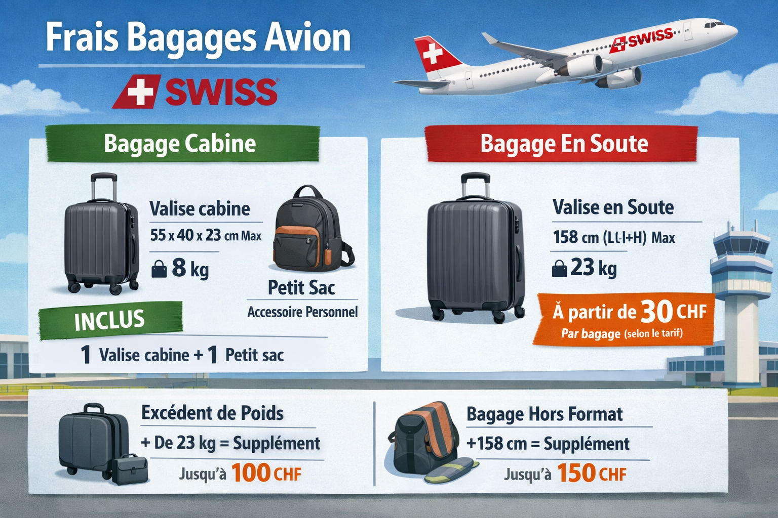 Schéma dimensions bagage cabine SWISS 55x40x23 cm + accessoire