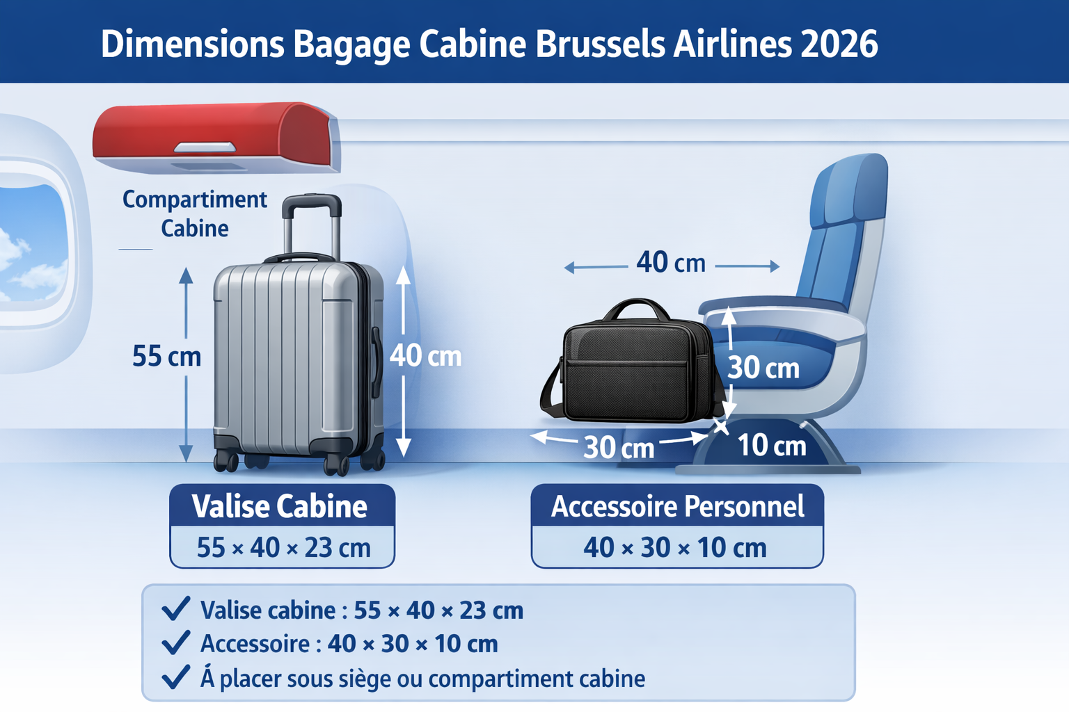 Schéma dimensions bagage cabine Brussels Airlines 55x40x23 cm avion 2026