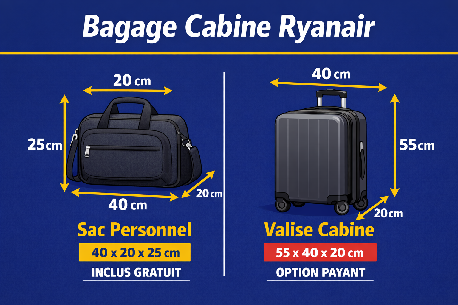 Schéma bagage cabine Ryanair 40x20x25 et 55x40x20