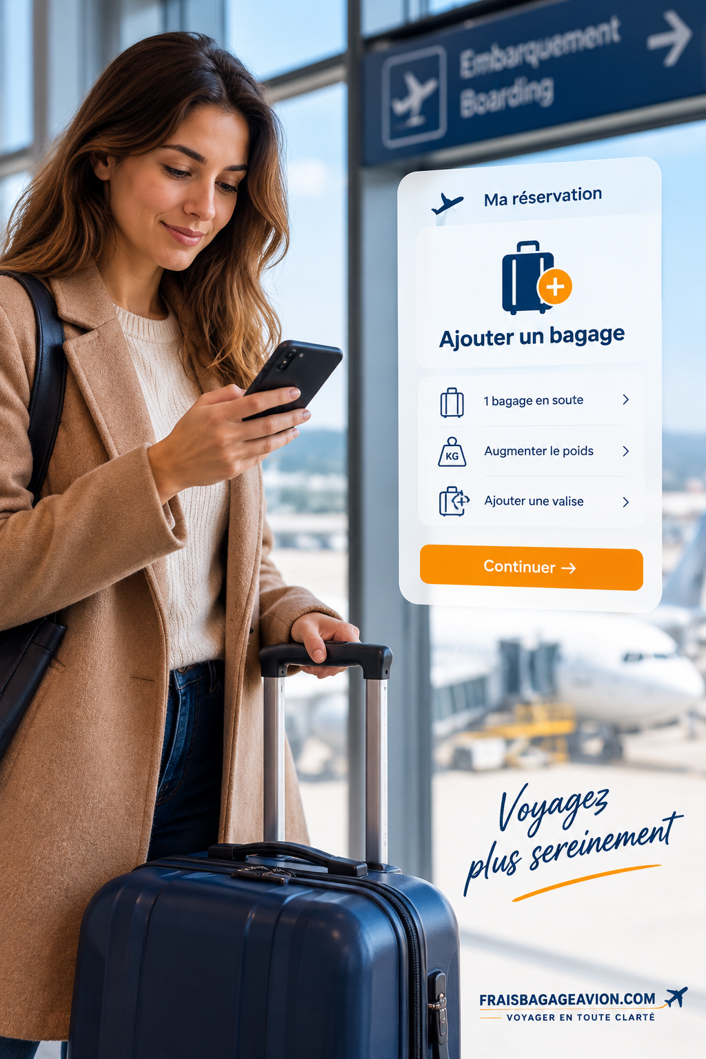 Ajouter un bagage après réservation : voyageur ajoutant une valise en soute à son billet d'avion