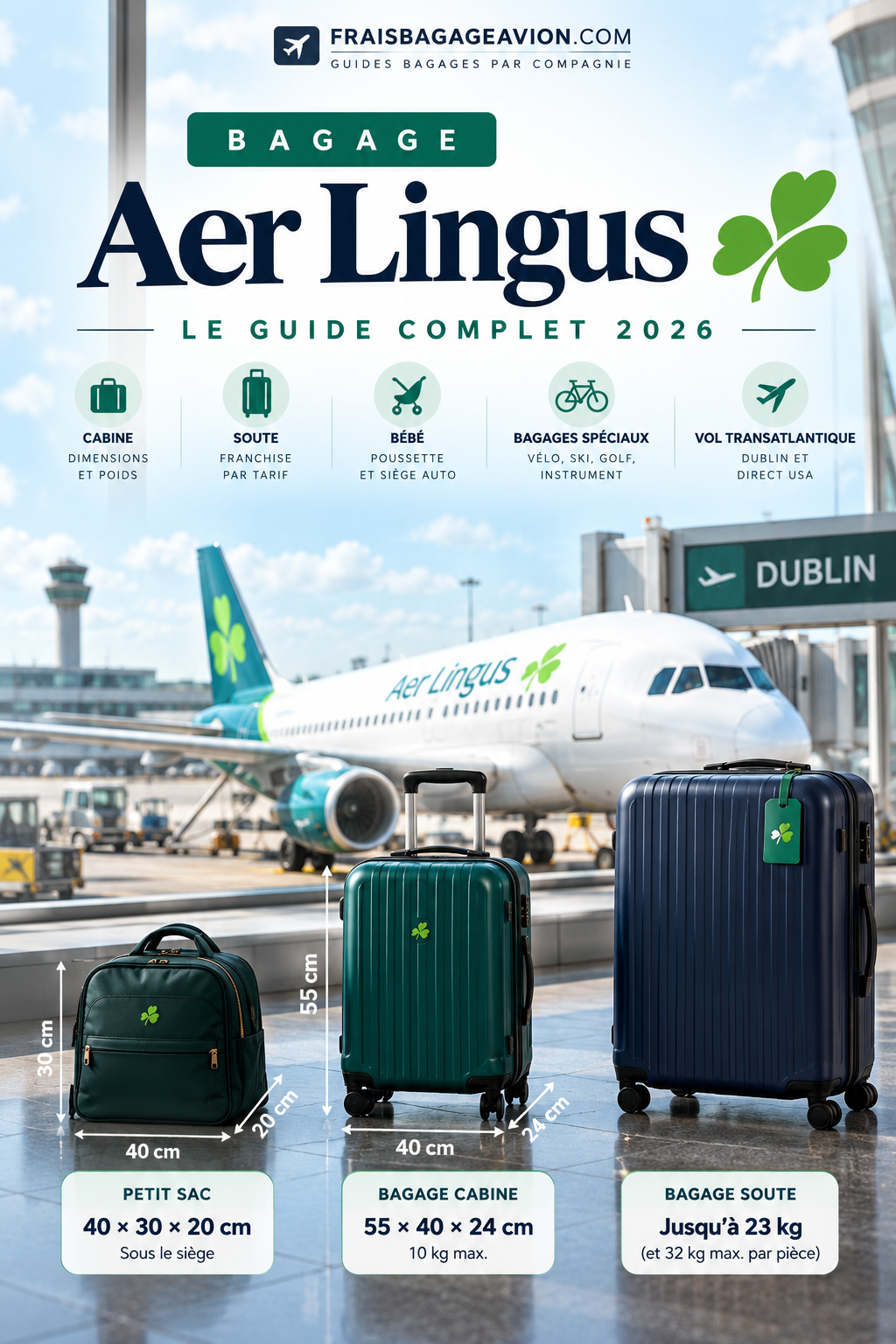 Bagage Aer Lingus 2026 : dimensions cabine 40x30x20 et 55x40x24 cm, poids 10 kg et bagage en soute