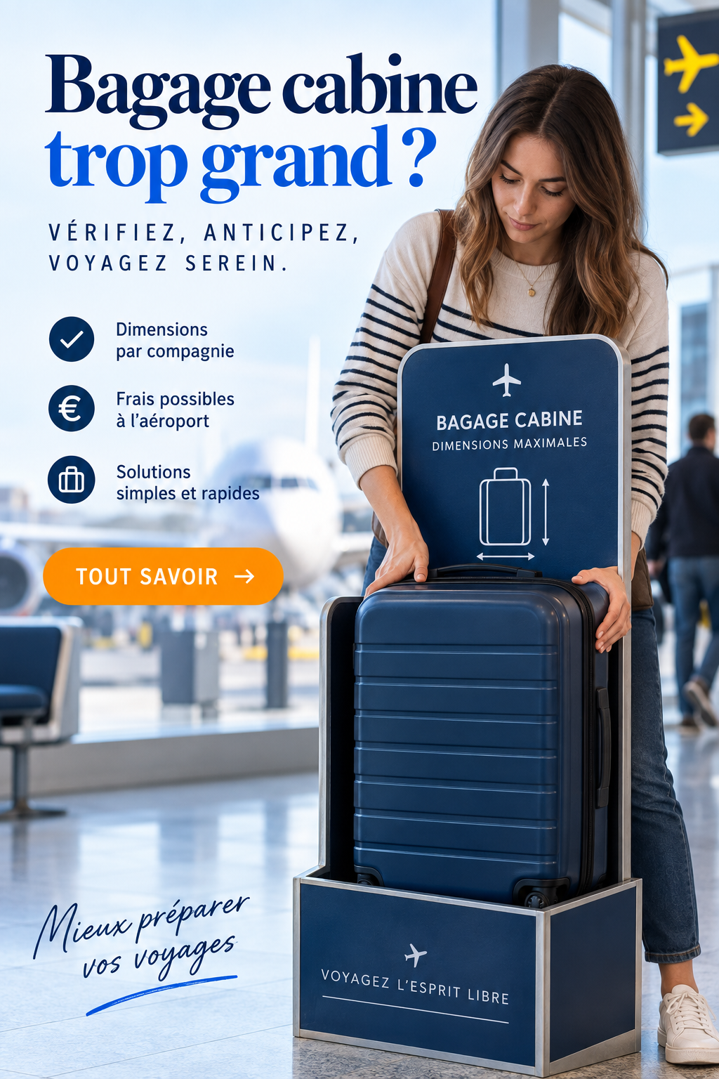 Bagage cabine trop grand contrôlé au gabarit à l'aéroport avant l'embarquement