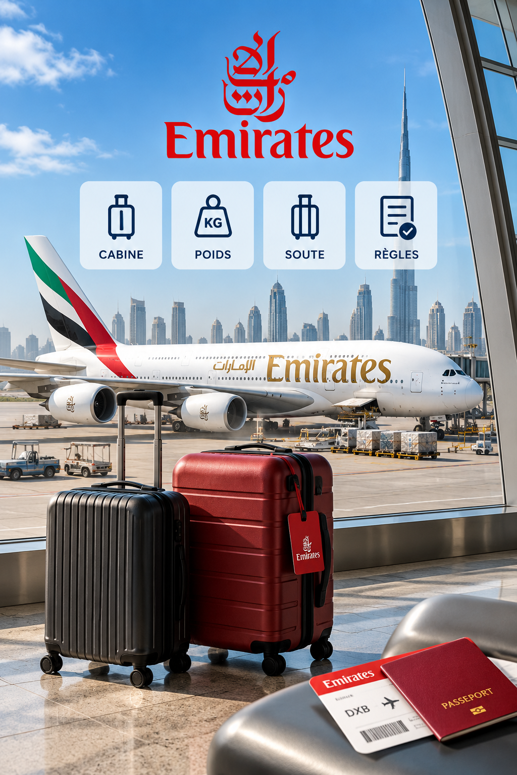 Bagage Emirates 2026 : dimensions cabine 55x38x22 cm, poids 7 kg et franchise bagage en soute