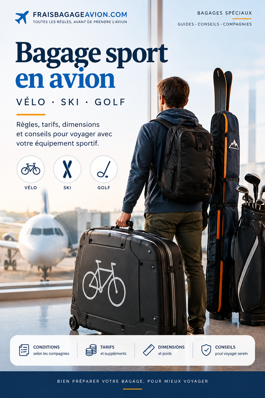 Bagage sport en avion avec vélo, skis et sac de golf à l'aéroport