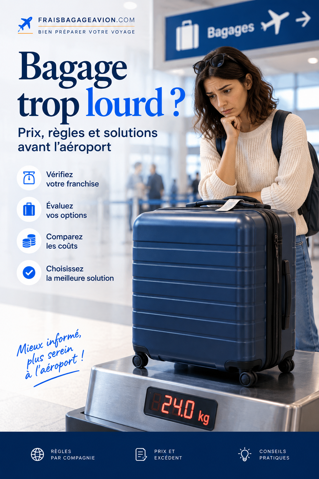 Bagage trop lourd : valise en surpoids sur une balance avant l'enregistrement à l'aéroport