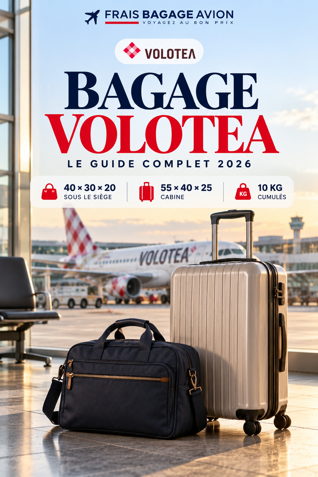 Bagage Volotea 2026 : dimensions cabine 40x30x20 et 55x40x25 cm, poids et règles
