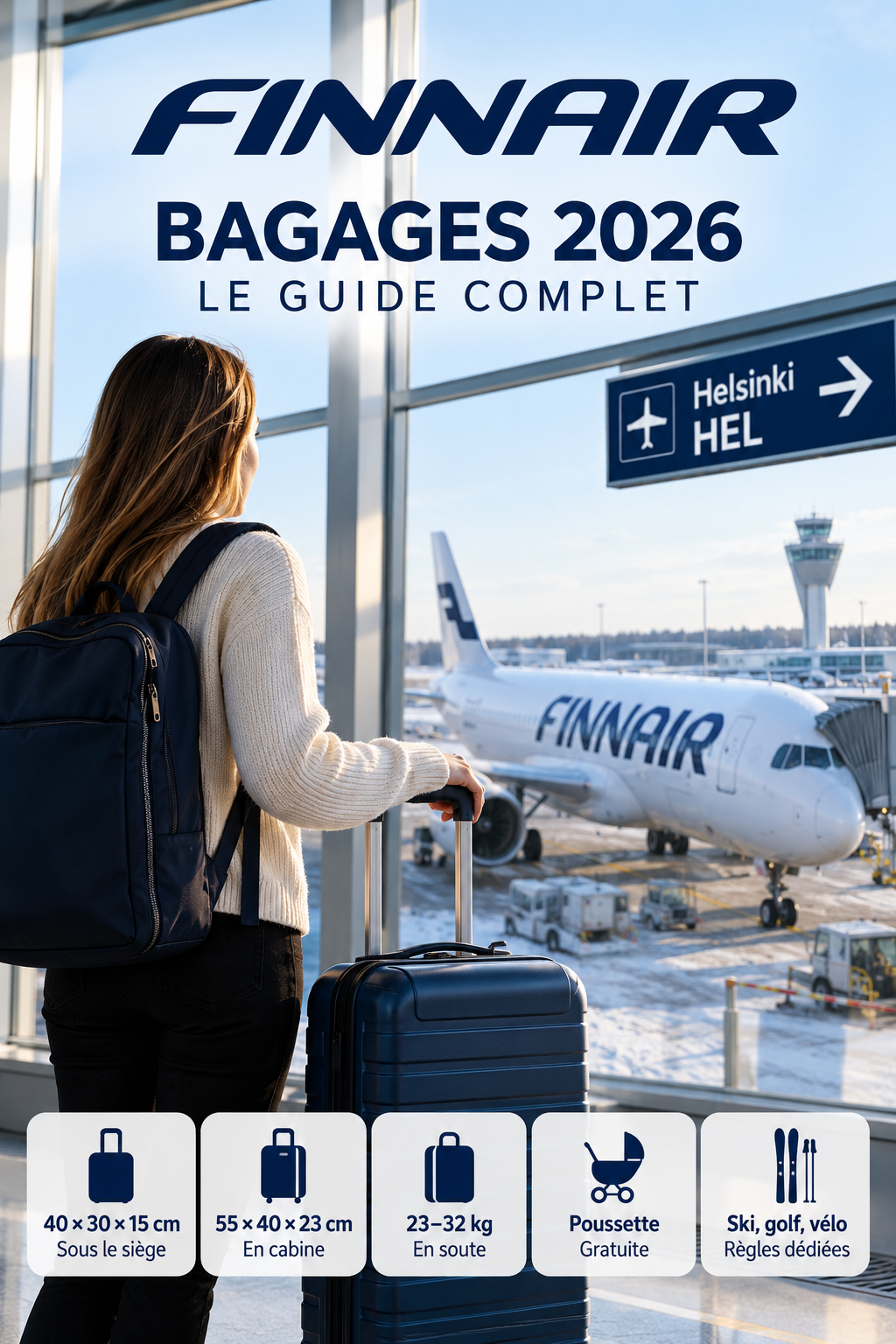 Bagages Finnair 2026 : dimensions cabine 40x30x15 et 55x40x23, poids et valise en soute