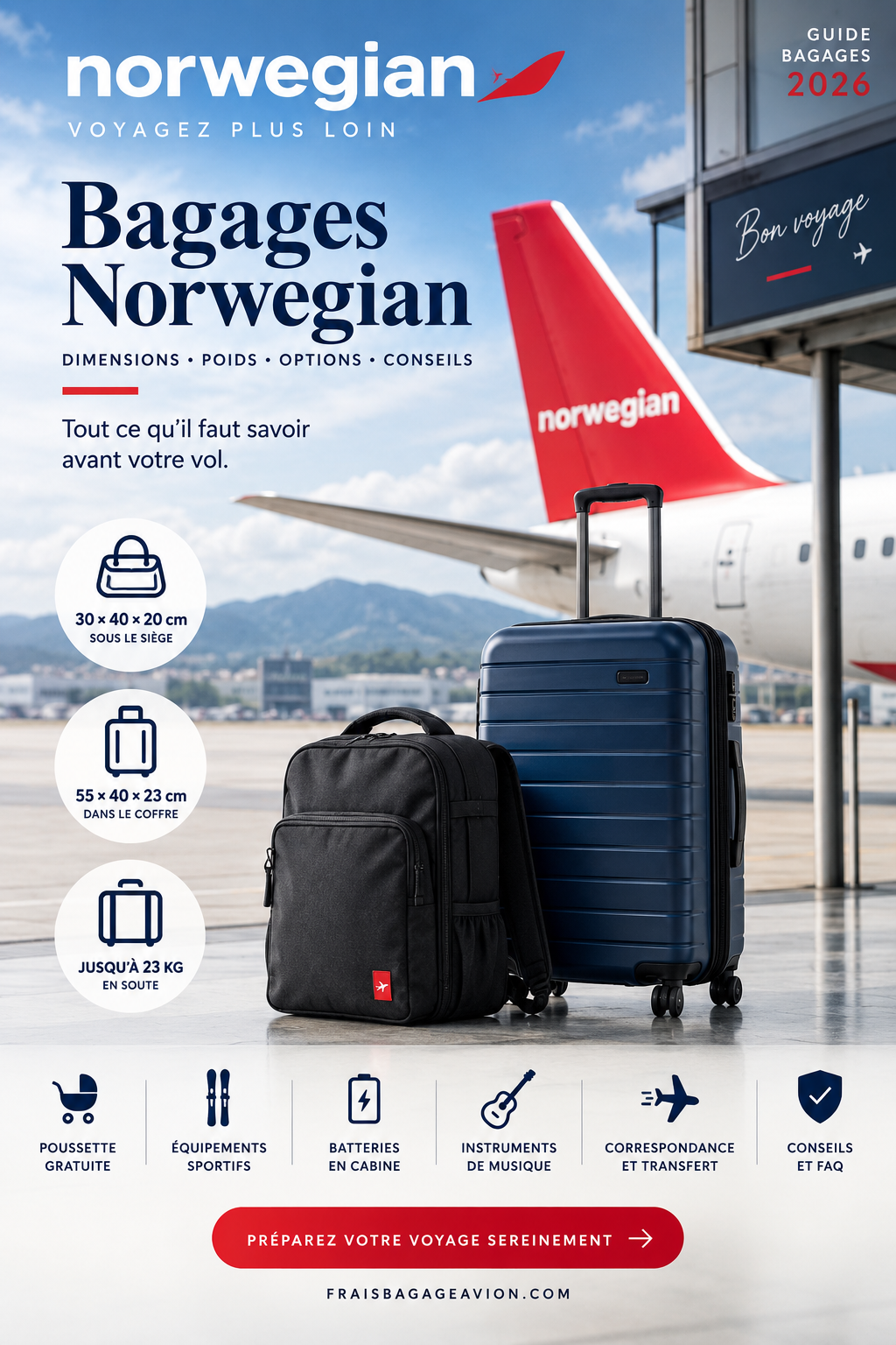 Bagages Norwegian 2026 : dimensions cabine, poids et valise en soute