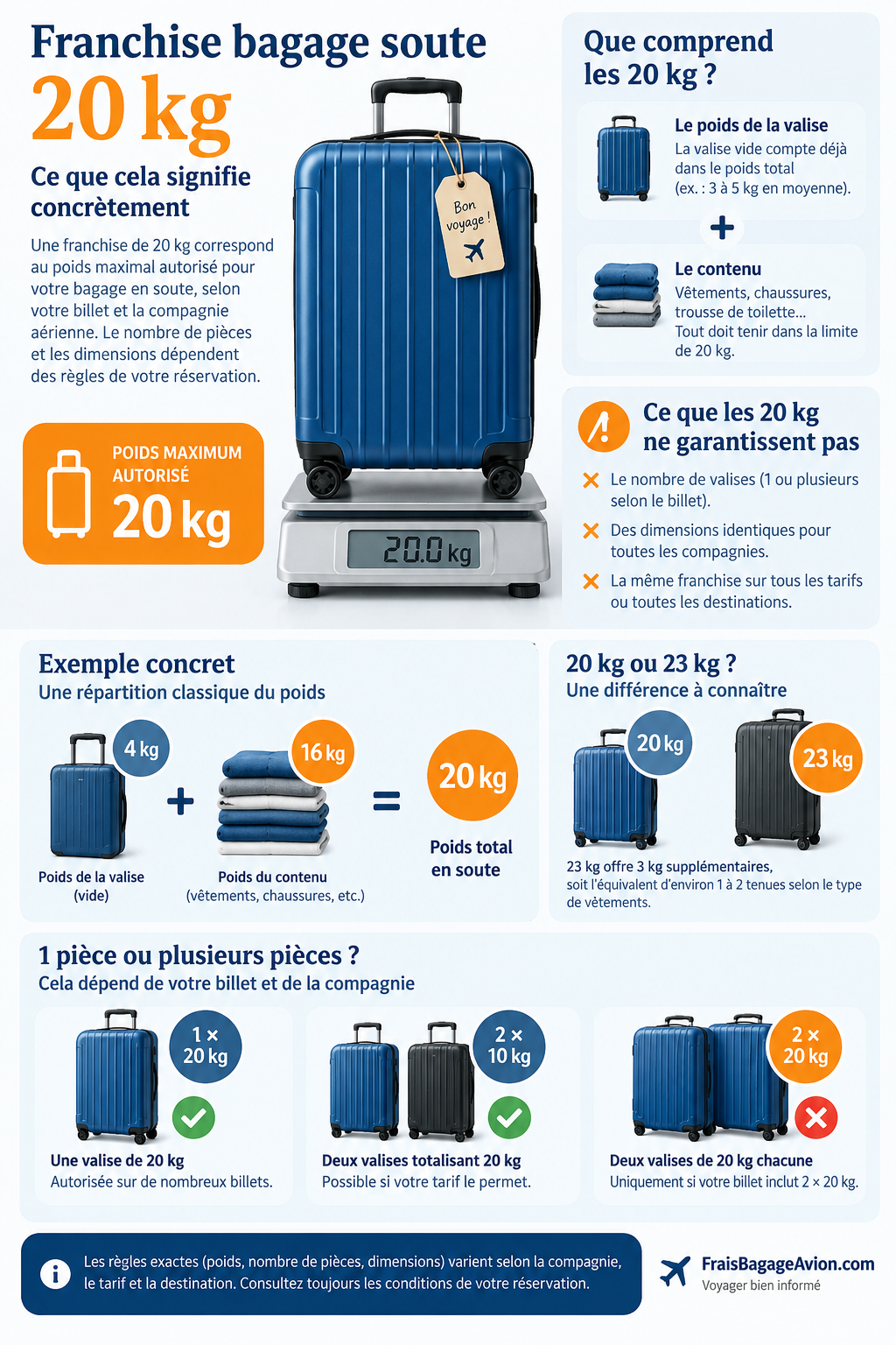 Infographie franchise bagage soute 20 kg avec poids de la valise, contenu, nombre de pièces et comparaison avec 23 kg