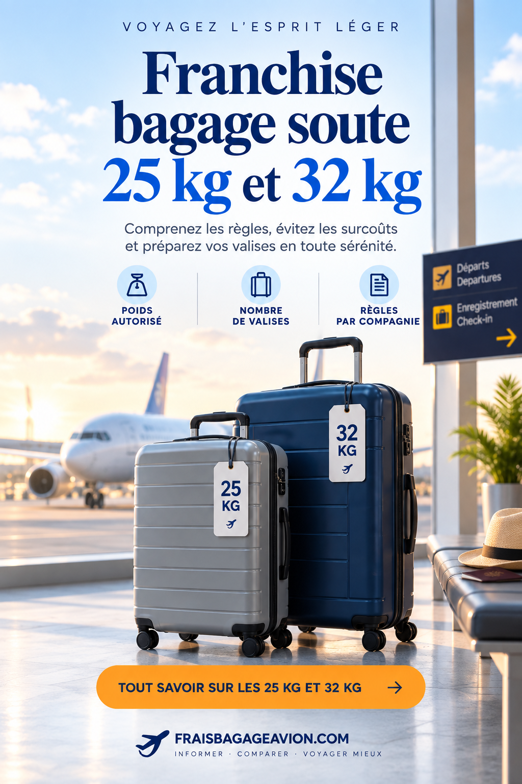 Franchise bagage soute 25 kg et 32 kg : poids autorisé, nombre de valises et limites des compagnies aériennes