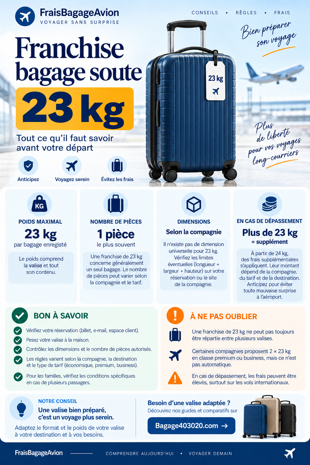 Franchise bagage soute 23 kg : infographie sur le poids autorisé, les pièces, dimensions et règles de surpoids