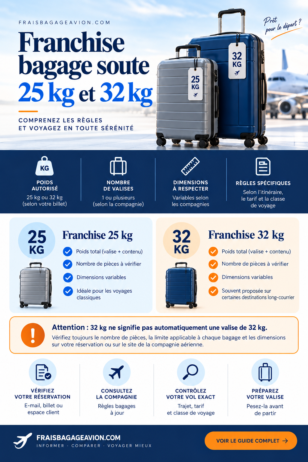 Franchise bagage soute 25 kg et 32 kg : infographie sur le poids total, le nombre de pièces et les limites par valise