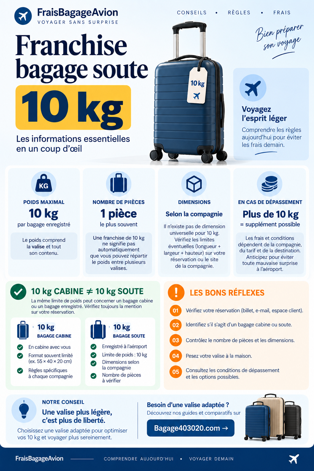 Franchise bagage soute 10 kg : infographie sur le poids, la différence cabine ou soute, le nombre de pièces et le surpoids