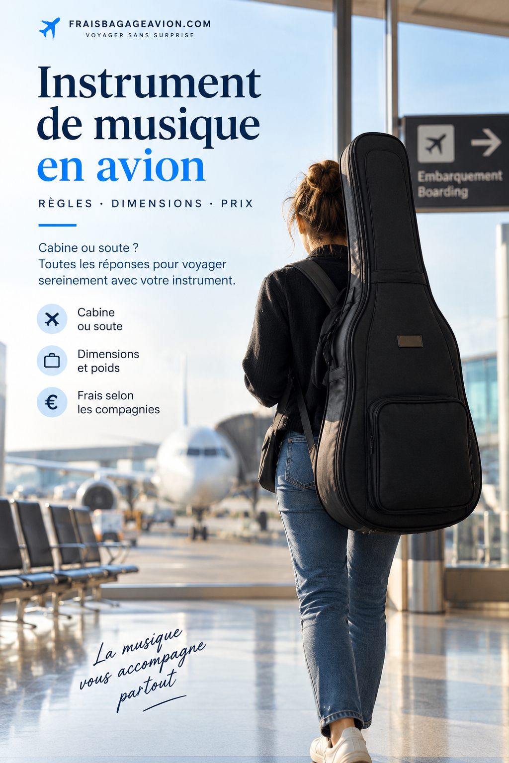 Instrument de musique en avion avec guitare et violon : règles cabine, soute et transport