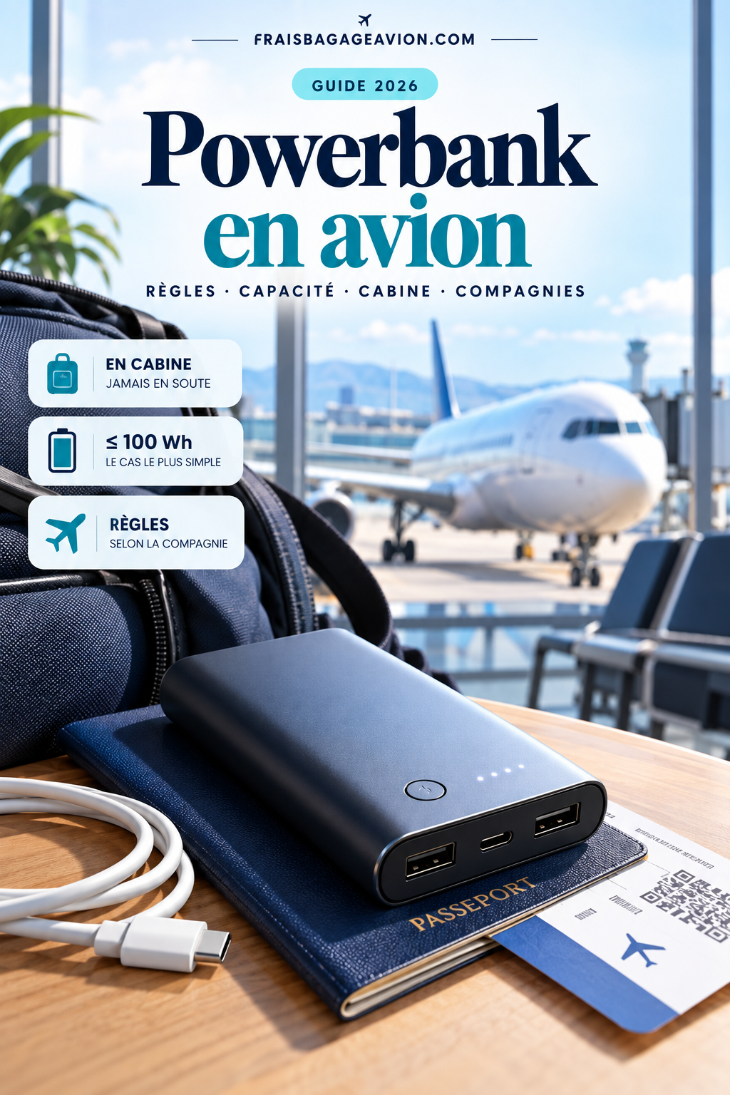 Powerbank en avion 2026 : batterie externe en cabine, limite 100 Wh et règles lithium