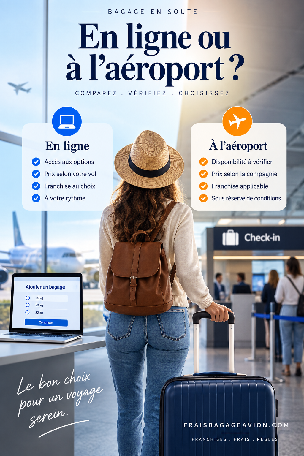 Prix bagage en ligne vs aéroport : comparaison du coût d'une valise en soute avant le vol et au comptoir