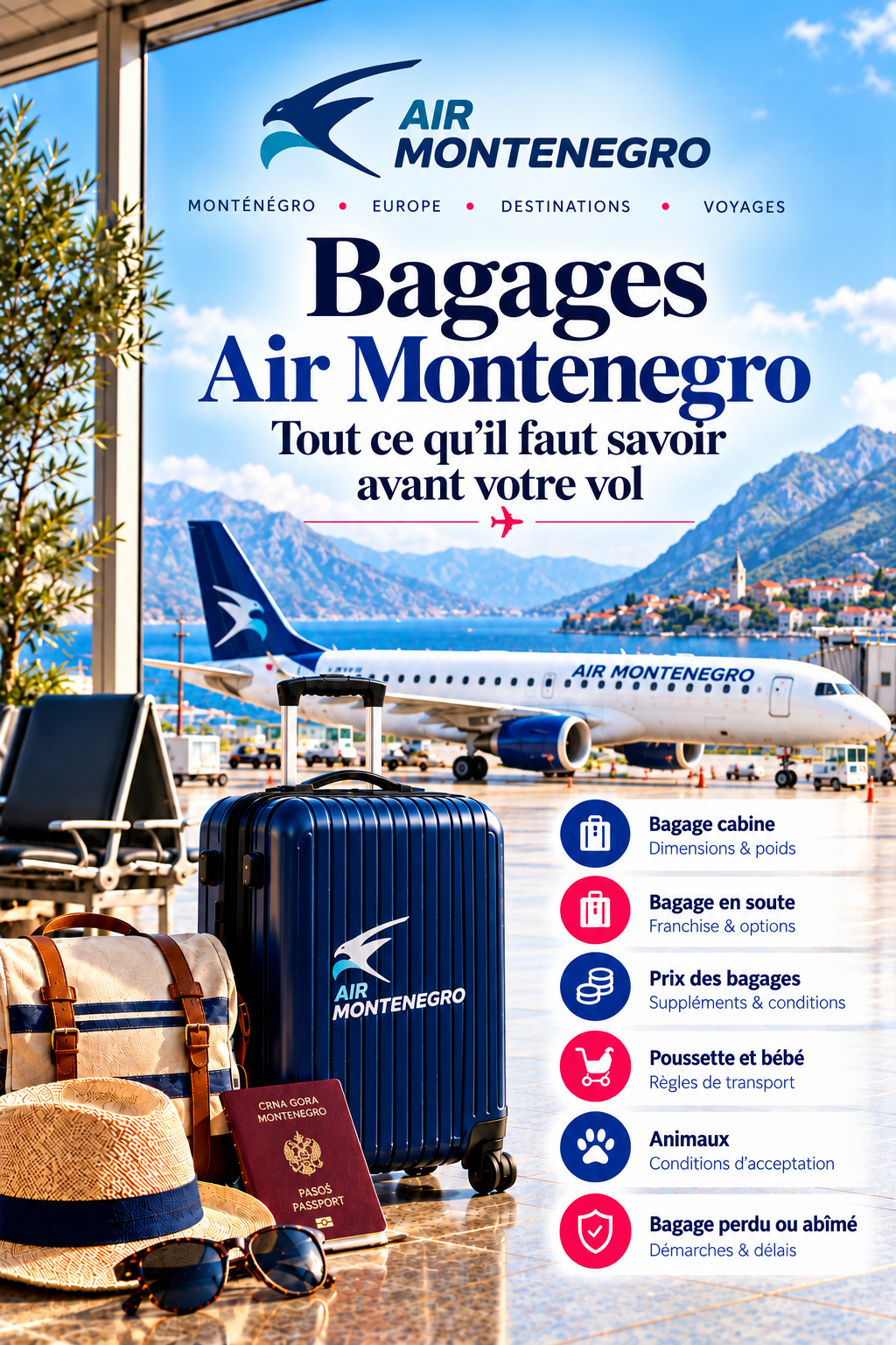 Bagages Air Montenegro 2026 : guide des dimensions et poids en cabine, franchises en soute, tarifs supplémentaires et règles de transport