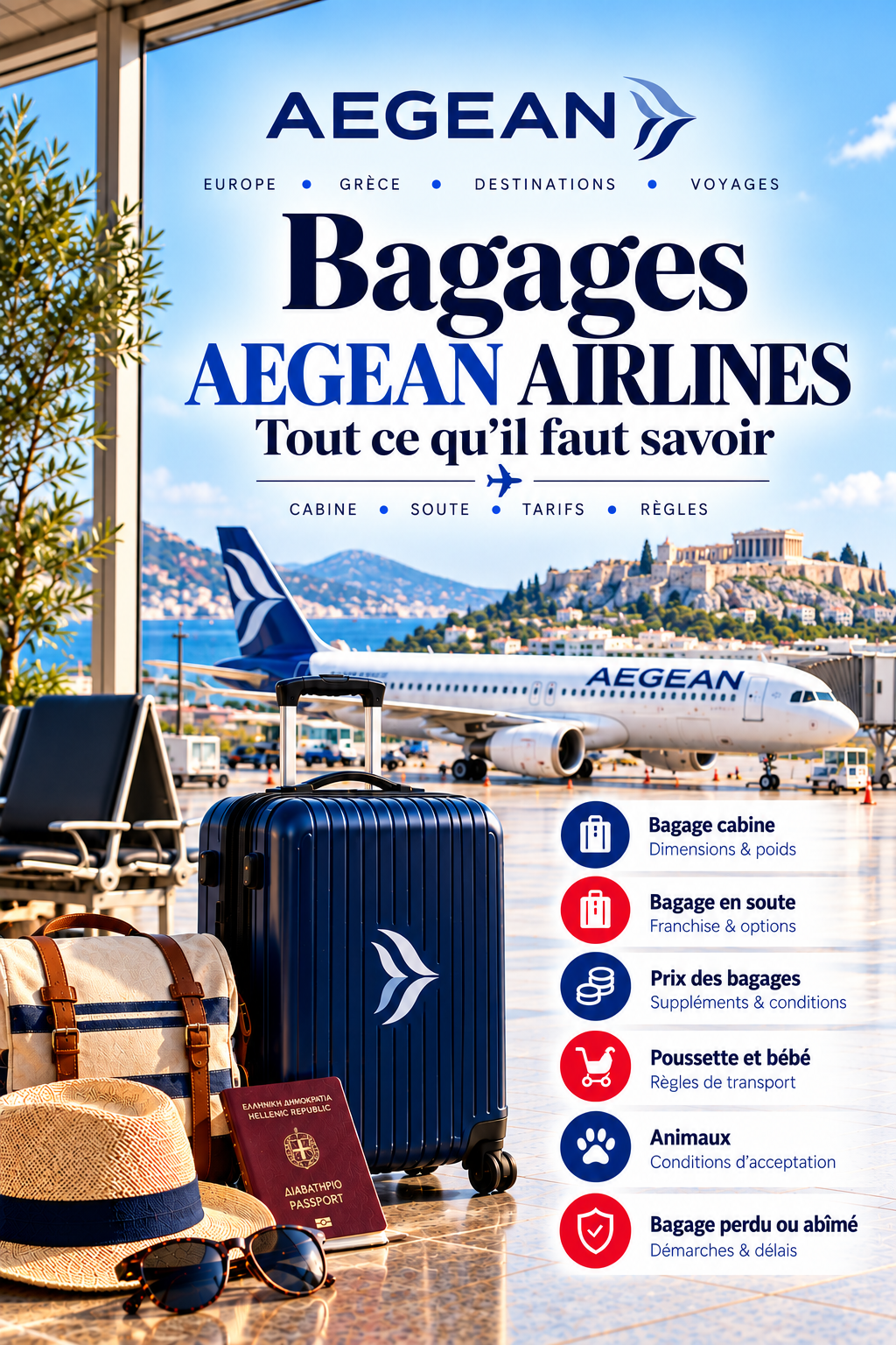 Bagages Aegean Airlines 2026 : valise cabine et bagage en soute devant un avion Aegean Airlines à Athènes, dimensions, poids et tarifs