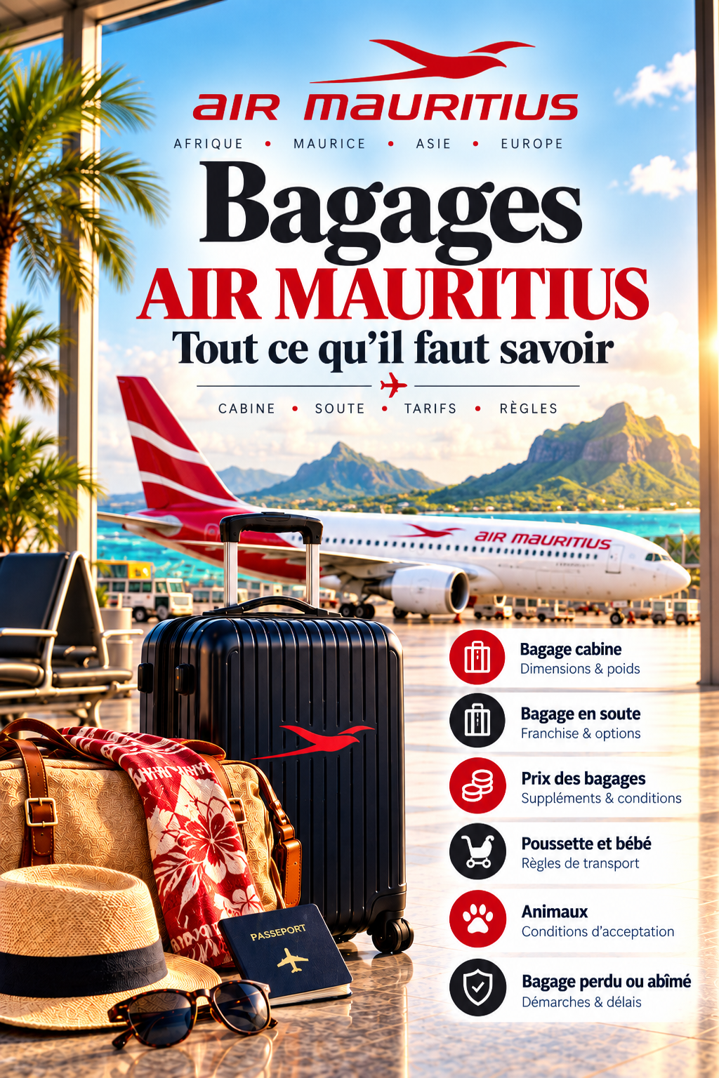Bagages Air Mauritius 2026 : guide cabine, soute, poids, dimensions, tarifs, poussettes, animaux et bagages perdus