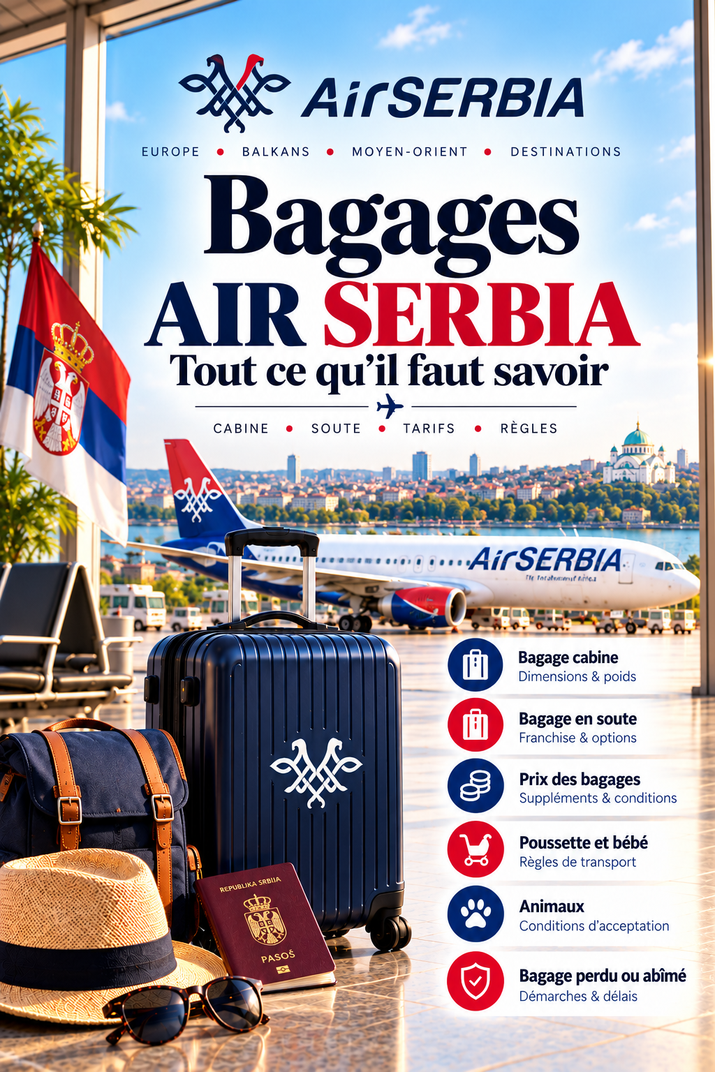 Bagages Air Serbia 2026 : valise cabine et bagage en soute à l'aéroport de Belgrade, poids, dimensions et tarifs