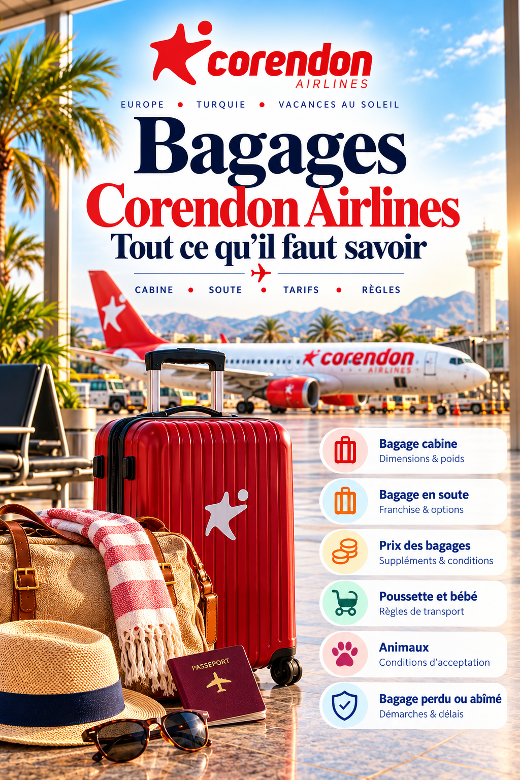 Bagages Corendon Airlines 2026 : cabine, soute, dimensions et tarifs