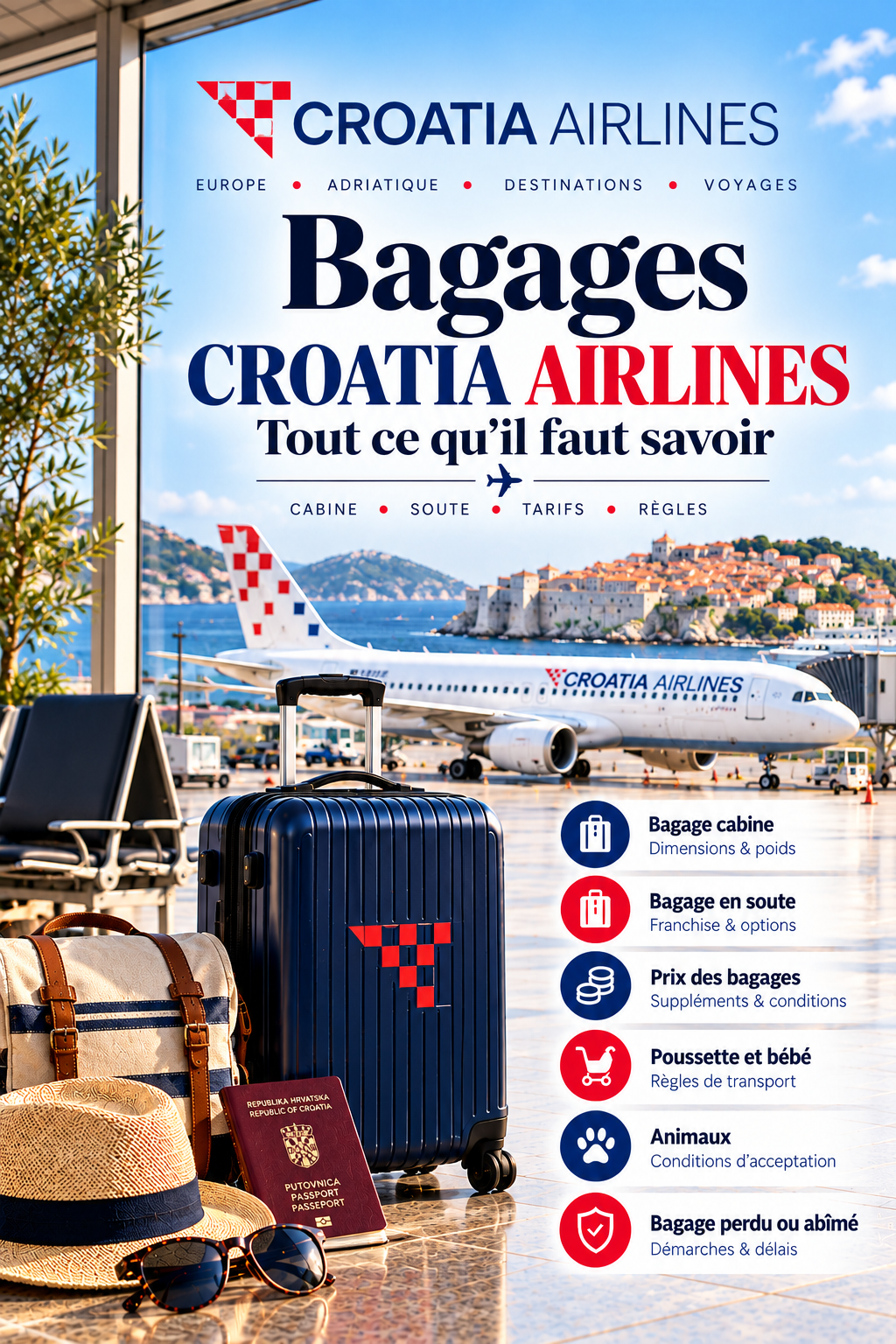 Bagages Croatia Airlines 2026 : valise cabine, bagage en soute, tarifs et règles de transport, avec avion Croatia Airlines en Croatie