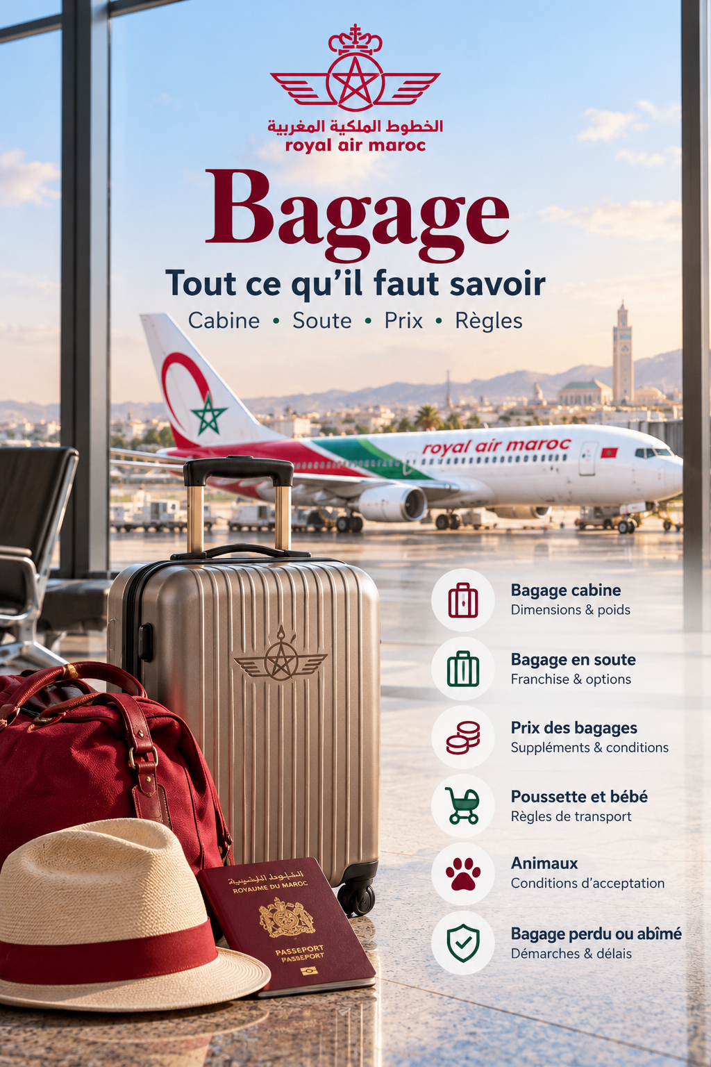 Bagages Royal Air Maroc : cabine, soute, dimensions et franchises 2026