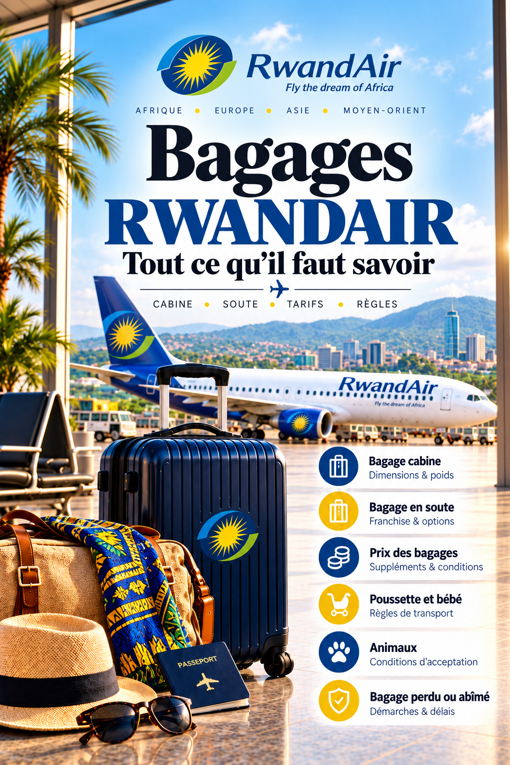 Bagages RwandAir 2026 : guide cabine, soute, poids, dimensions et tarifs