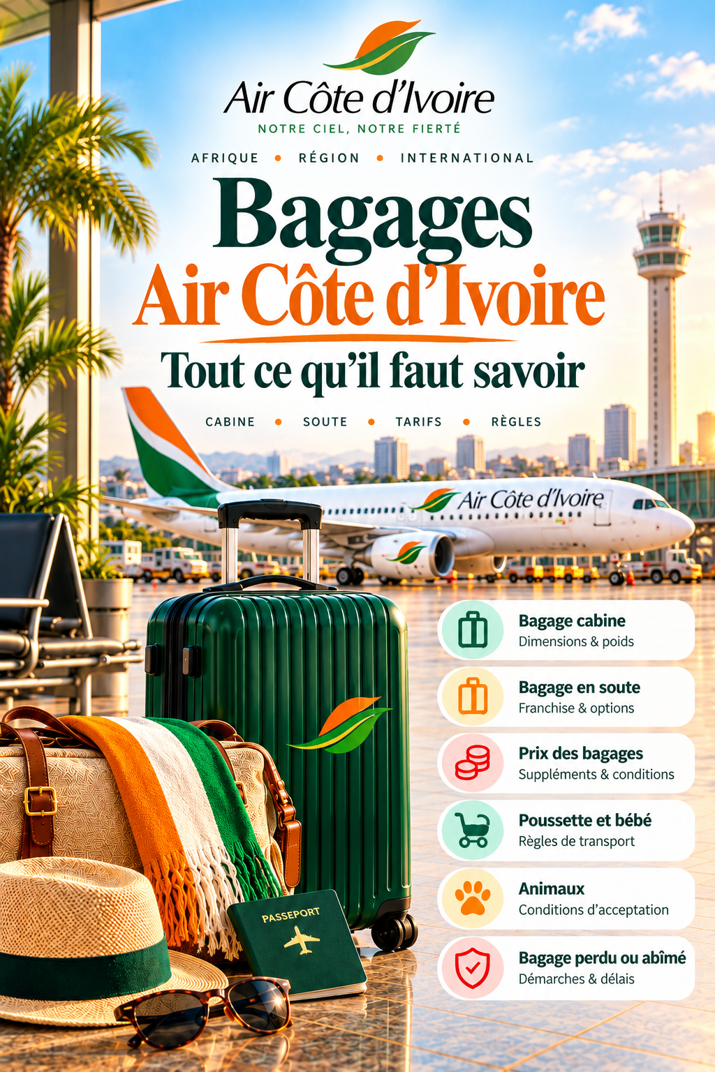 Bagages Air Côte d'Ivoire 2026 : cabine, soute, dimensions, poids et tarifs