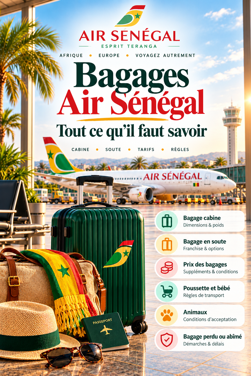 Bagages Air Sénégal 2026 : cabine, soute, dimensions, poids et tarifs