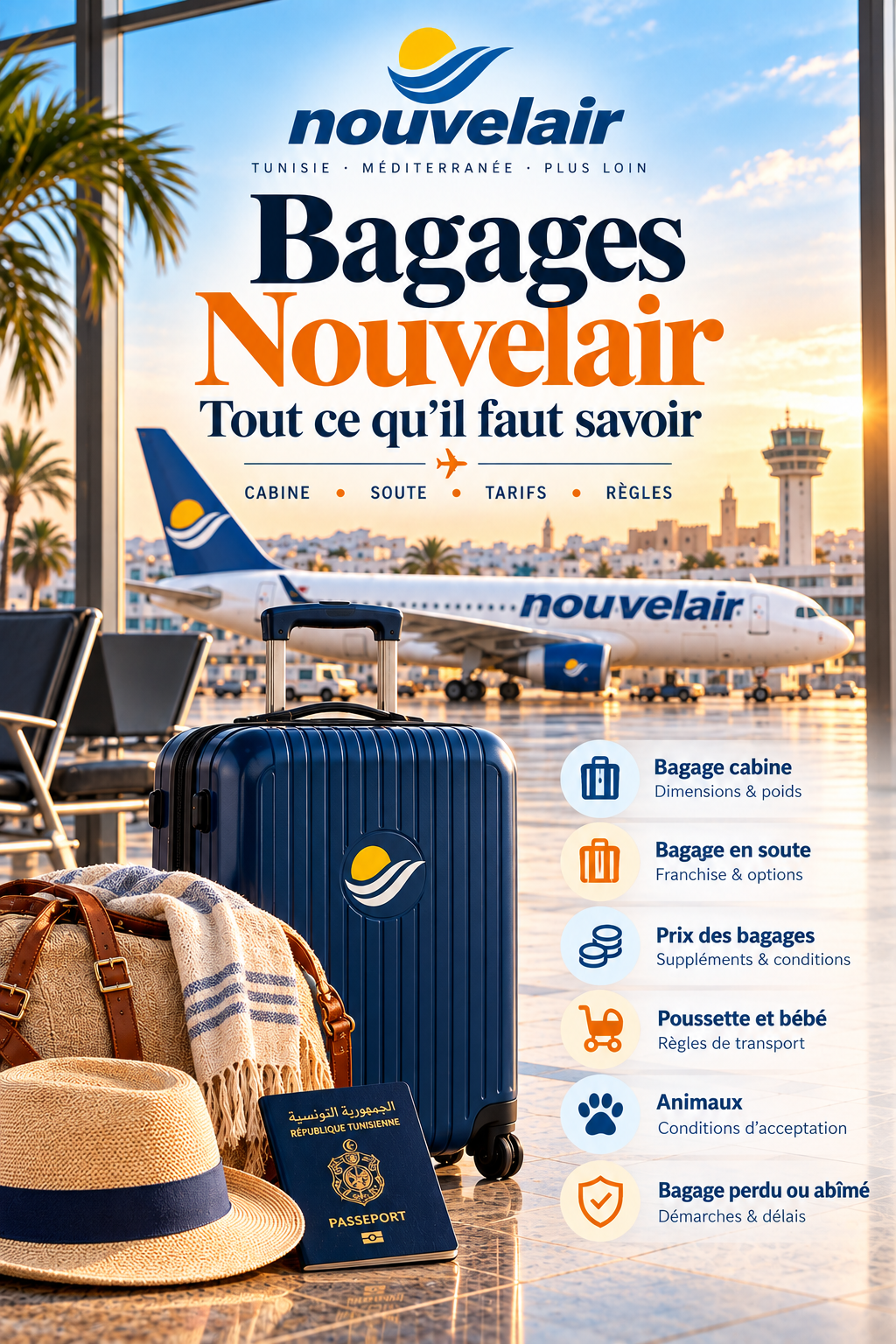 Bagages Nouvelair 2026 : cabine, soute, dimensions et franchises