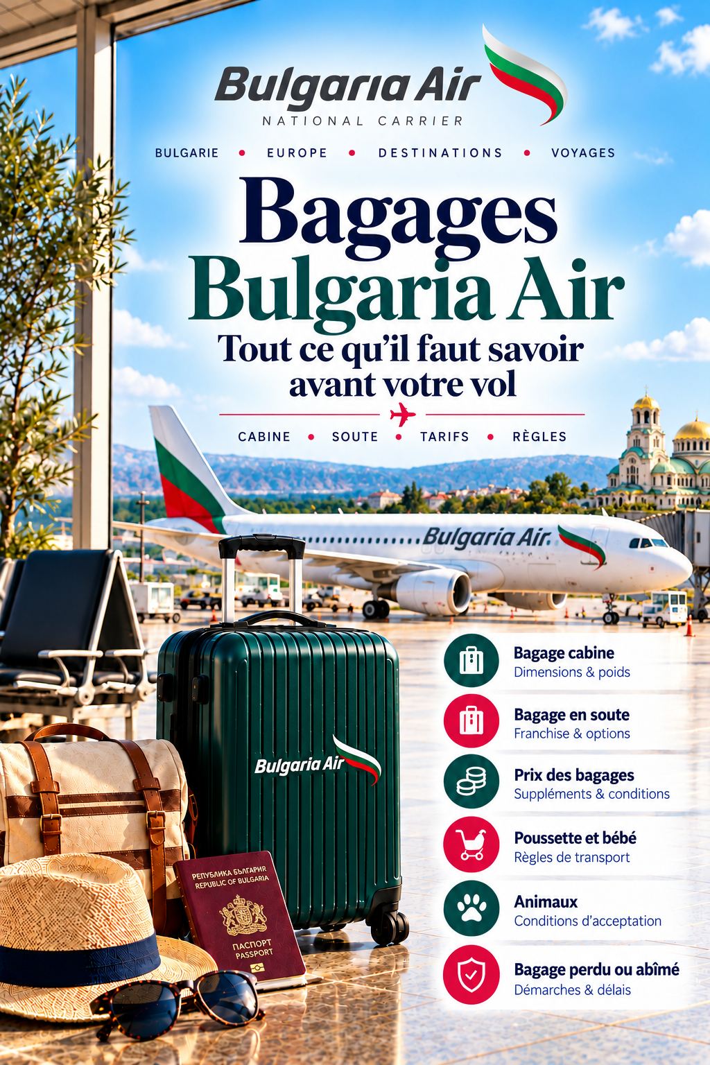 Bagages Bulgaria Air 2026 : valise cabine et bagage en soute devant un avion Bulgaria Air à Sofia, dimensions, poids et tarifs
