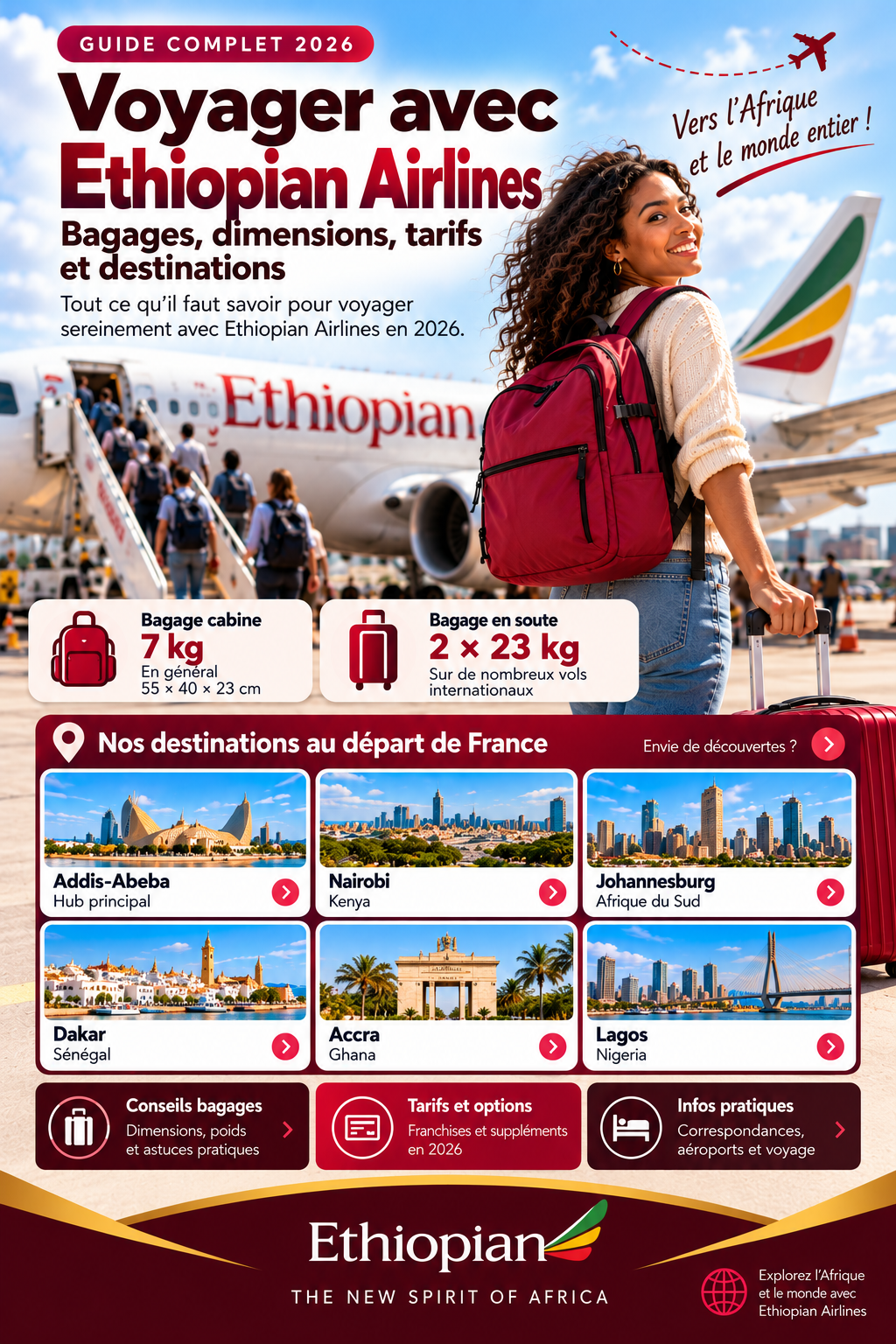Guide bagages Ethiopian Airlines 2026 : 7 kg en cabine, 2 × 23 kg en soute sur de nombreux vols et destinations via Addis-Abeba