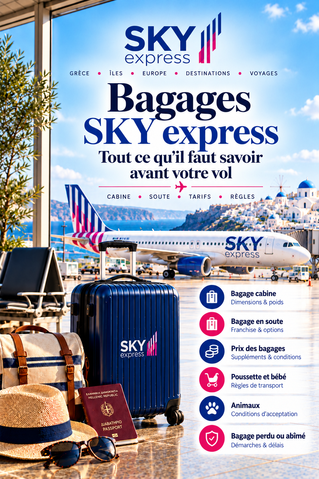 Bagages SKY express 2026 : valise cabine et bagage en soute devant un avion SKY express en Grèce, dimensions, poids et tarifs