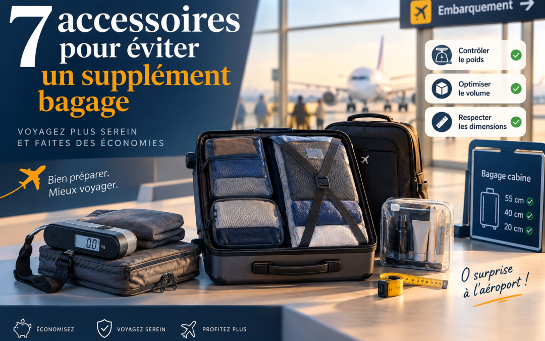 7 accessoires pour éviter un supplément bagage à l’aéroport : pèse-bagage, cubes de compression, sac cabine et accessoires de voyage